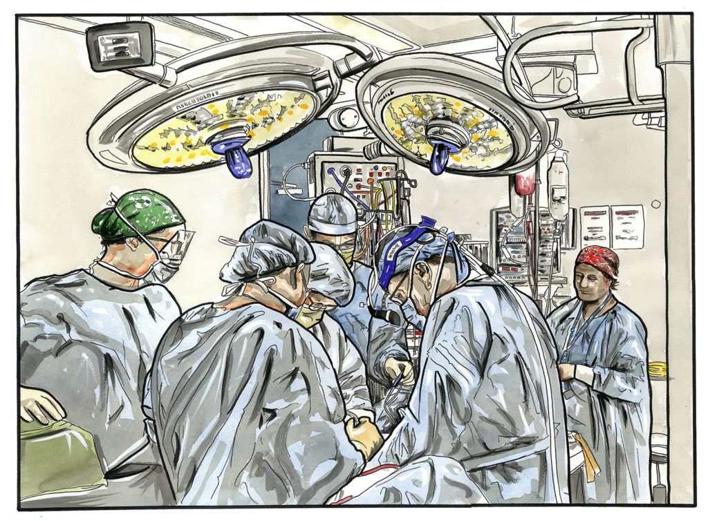 Illustration of a surgical team in theatre